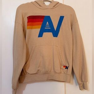 Aviator Nation Beige Hoodie with Blue 'A' & Sunset Stripe